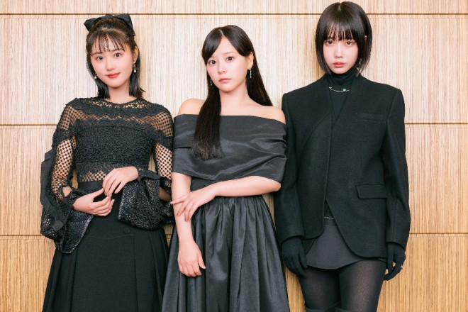 "B Komachi members Nanoha Hara, Nagisa Saito, and ano, portrayed in the live-action Oshi no Ko. Photo by Yoshiki Ono."